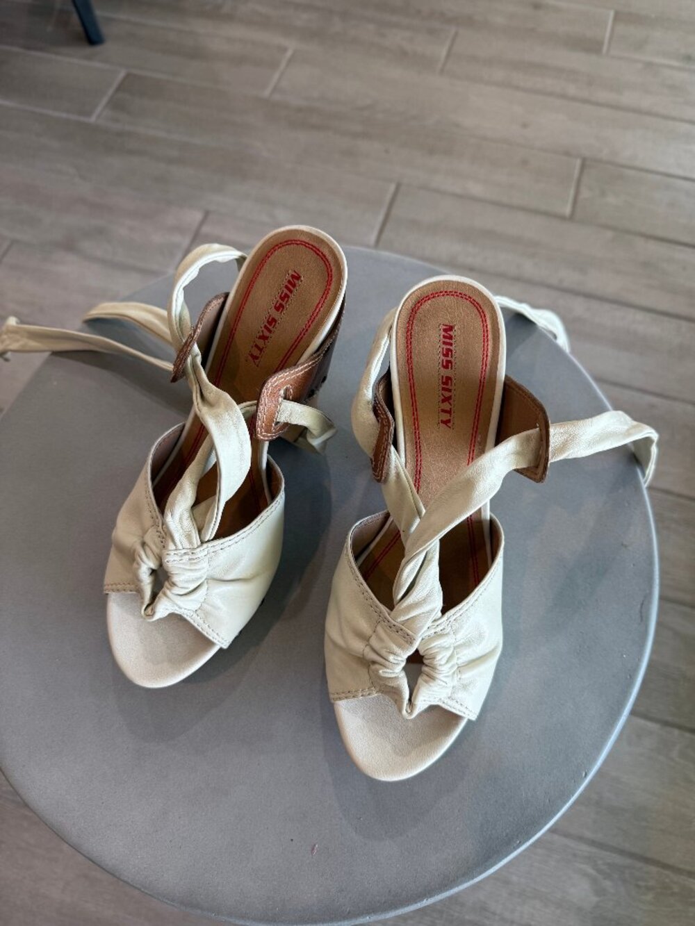 Miss Sixty Off-White Wooden Clogs with Ankle Wraps and Stud Detail - Size 37